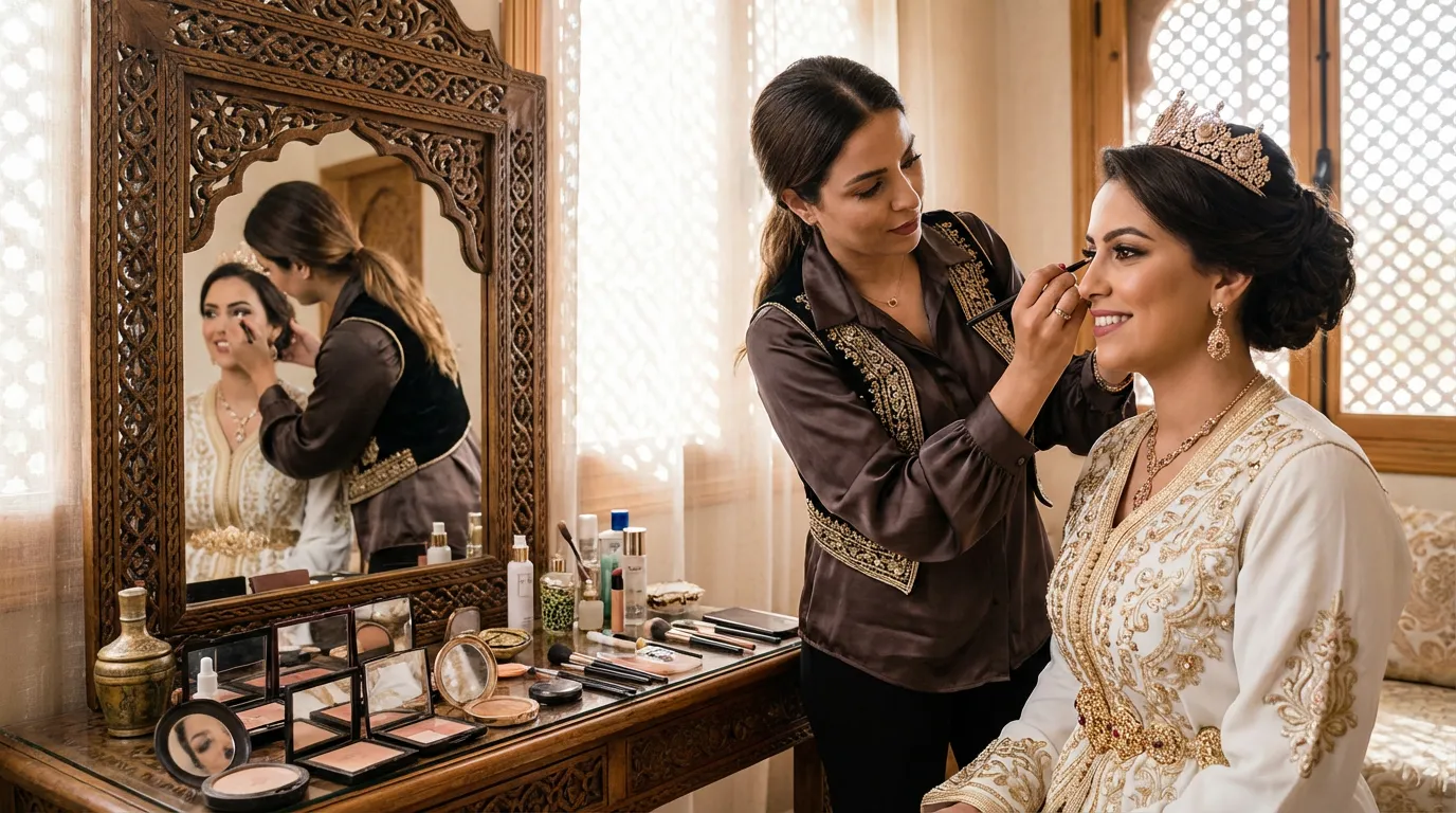 Esthéticienne réalisant un maquillage de mariage marocain à domicile