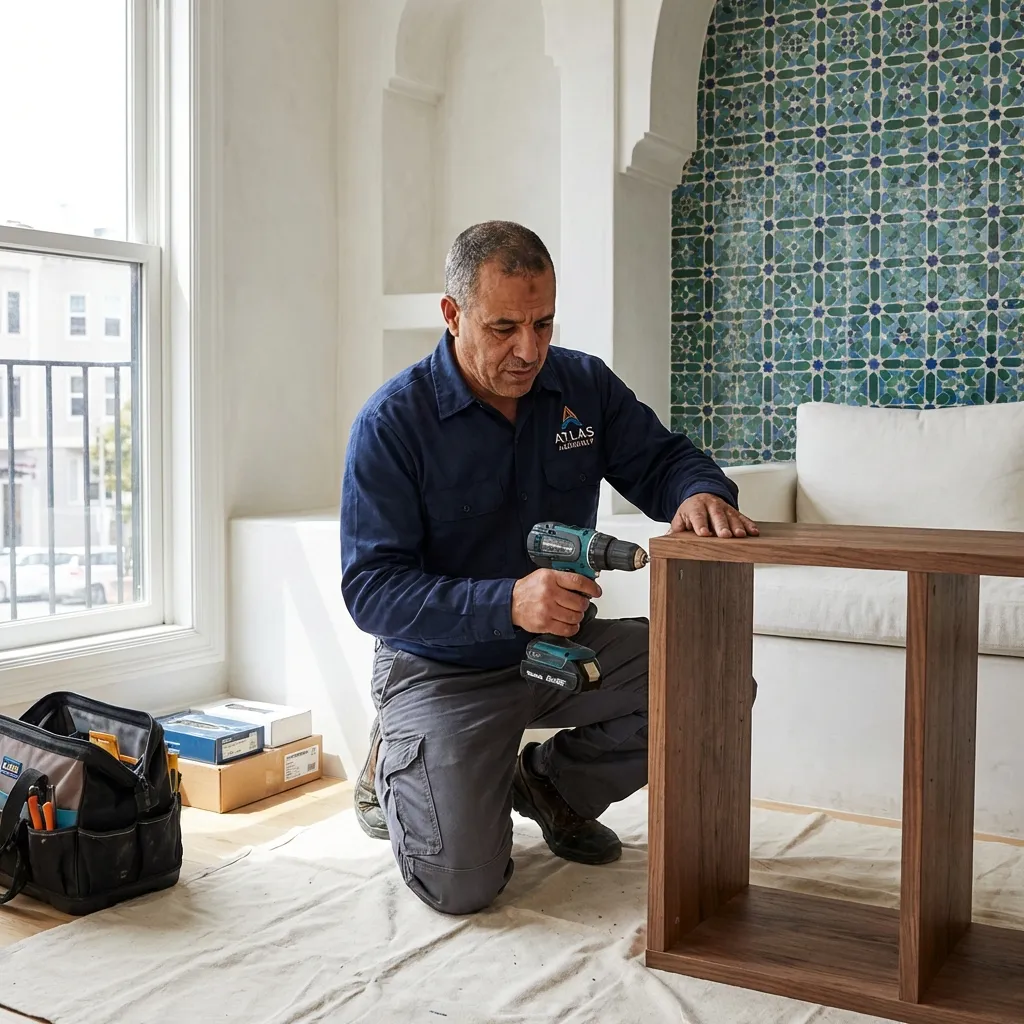 Bricoleur professionnel montant un meuble dans un appartement marocain