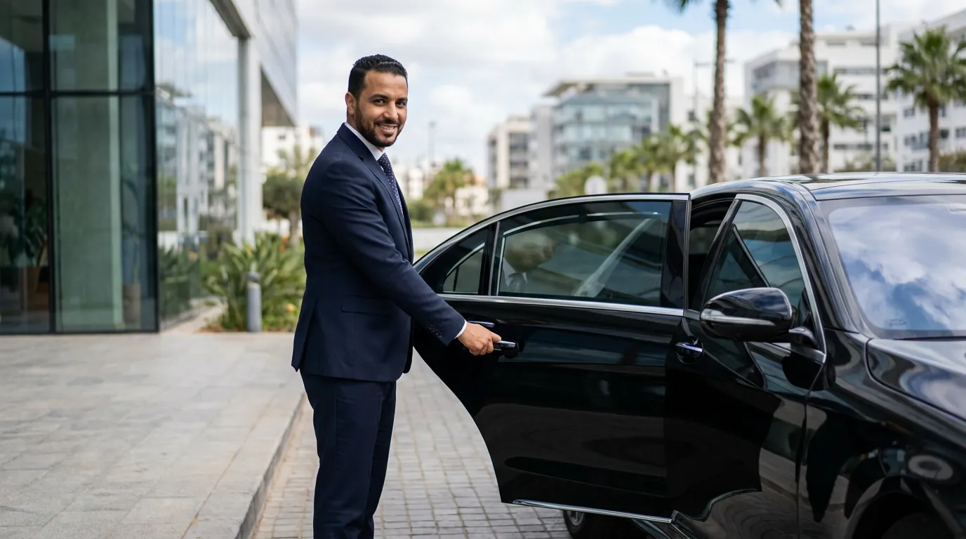 Chauffeur privé en costume ouvrant la porte d'une voiture élégante