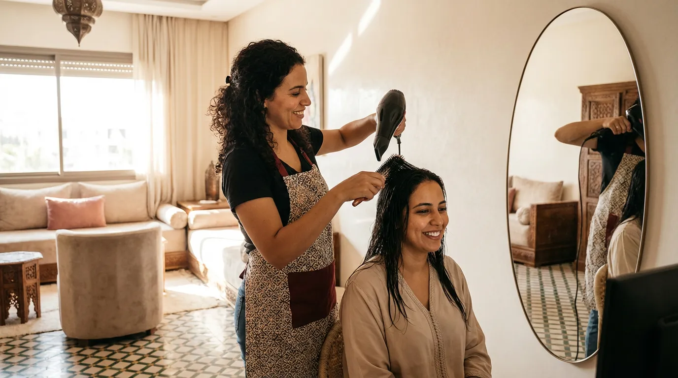 Coiffeuse professionnelle réalisant une coupe moderne à domicile au Maroc