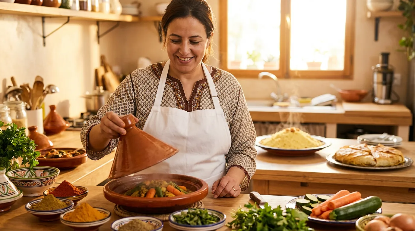 Cuisinière marocaine préparant un tajine traditionnel dans une cuisine moderne