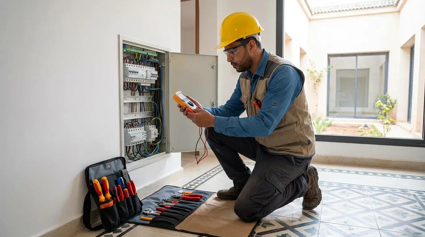 Électricien qualifié intervenant sur un tableau électrique avec équipement de sécurité