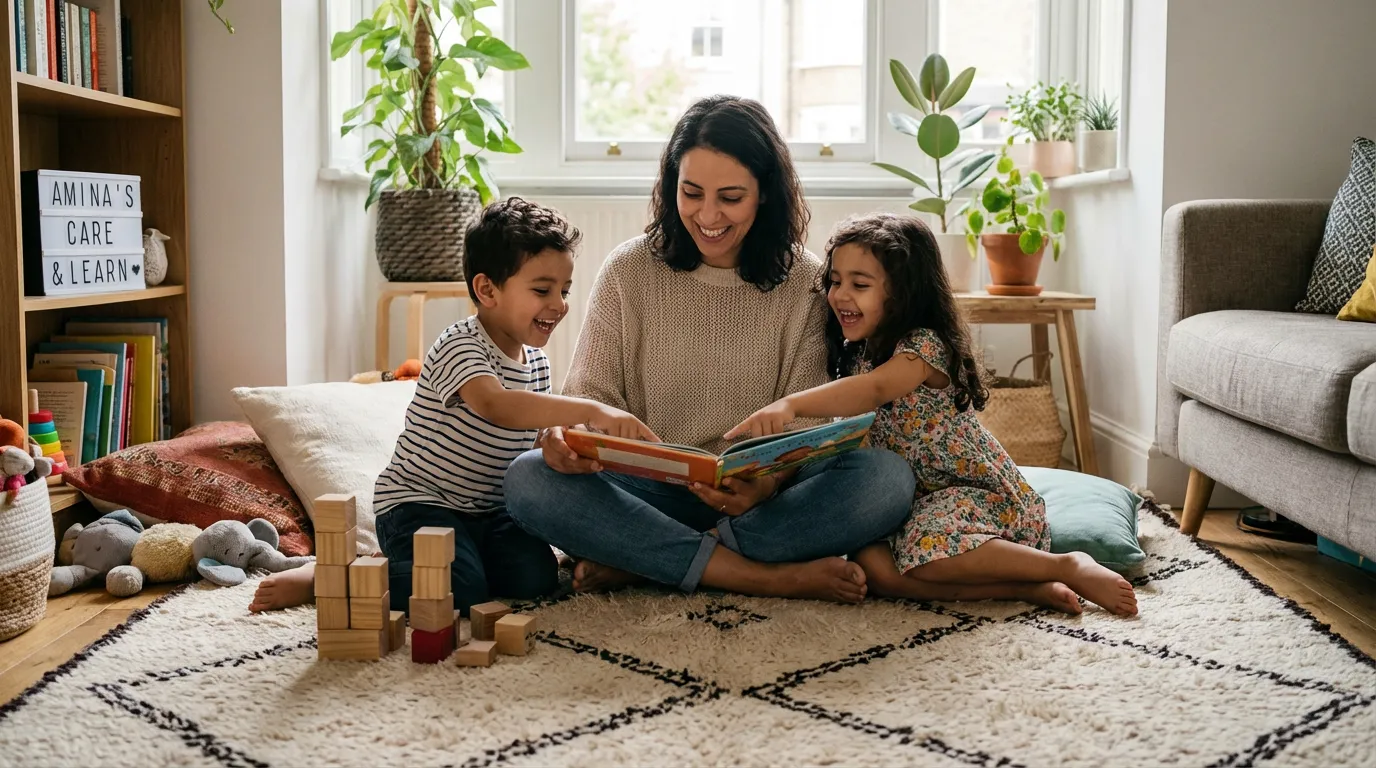 Nounou bienveillante jouant avec des enfants souriants dans un salon