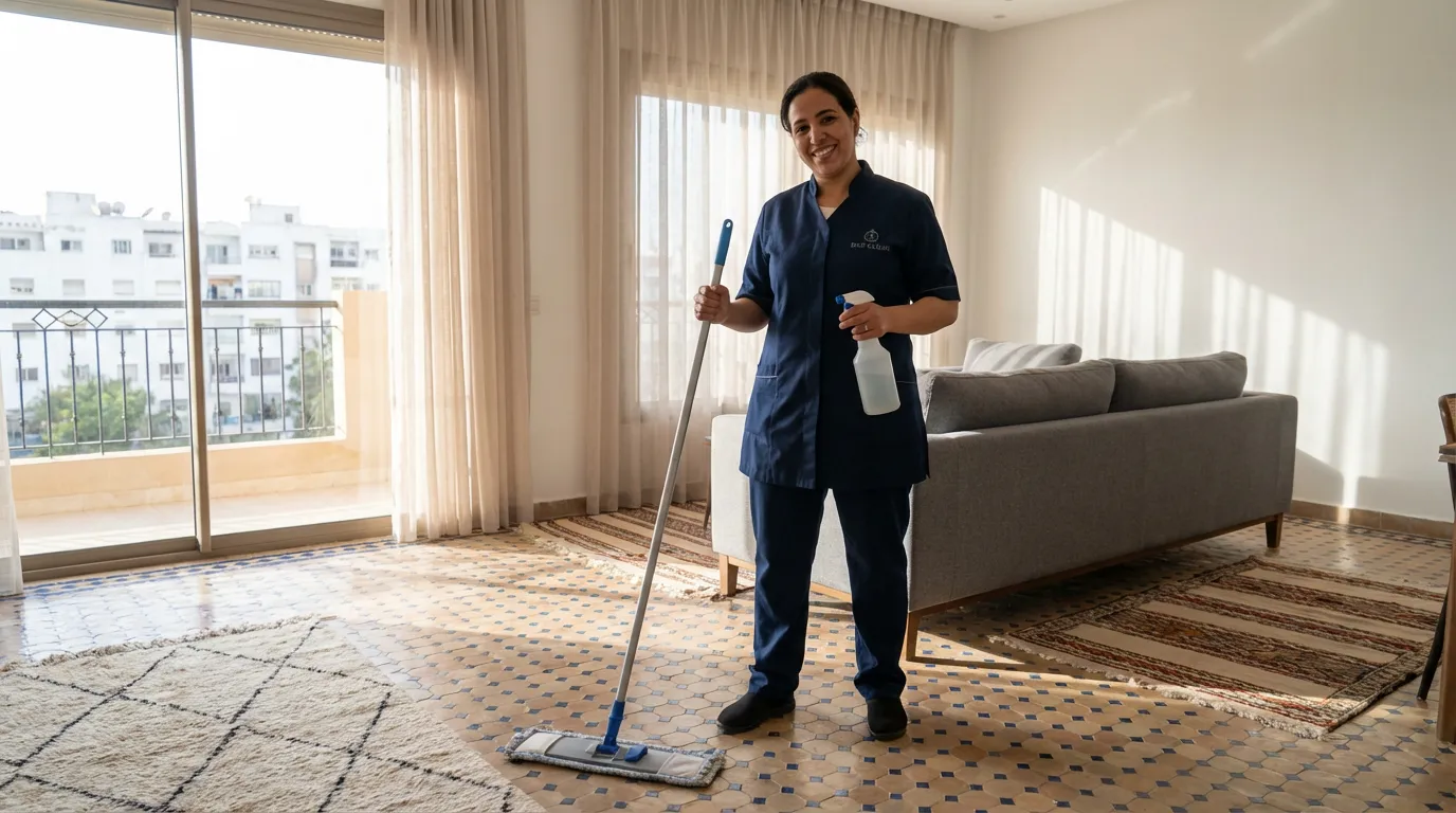 Femme de ménage professionnelle nettoyant un appartement moderne à Casablanca
